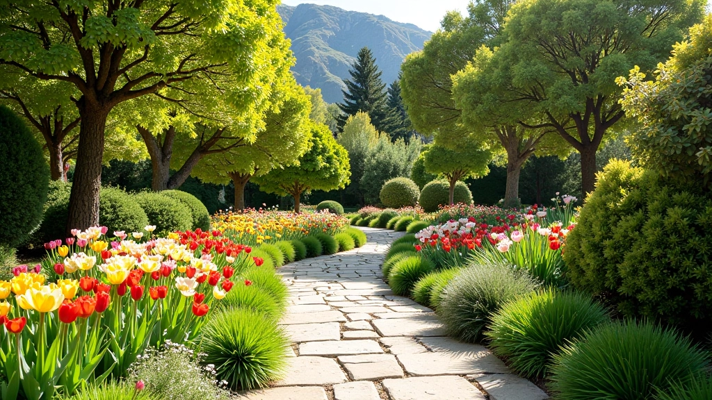 Jardín con plantas variadas, flores de colores y árboles maduros en época de floración