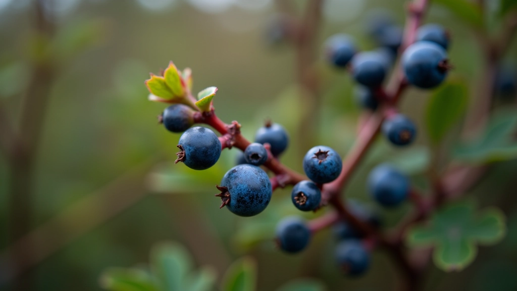 Arbusto de calafate con frutos azul oscuro en primer plano, fotografía de detalle botánico