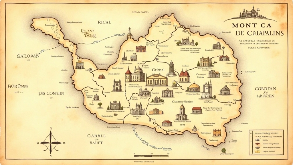 Mapa histórico de Gaiman con puntos de interés marcados, capillas y jardines señalados con símbolos tradicionales