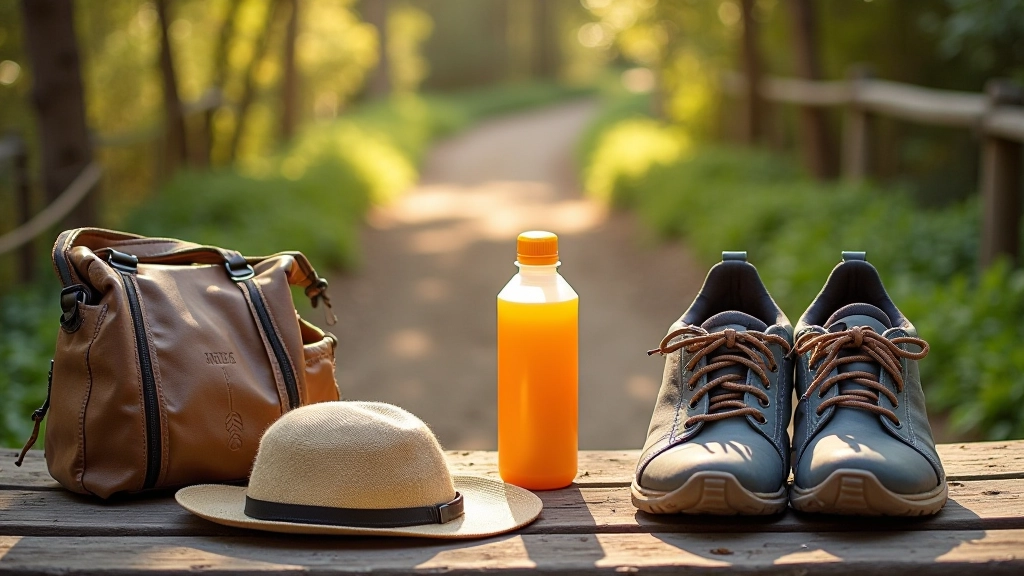 Mochila pequeña de día con botellas de agua, sombreros y protector solar dispuestos sobre una mesa de madera rústica