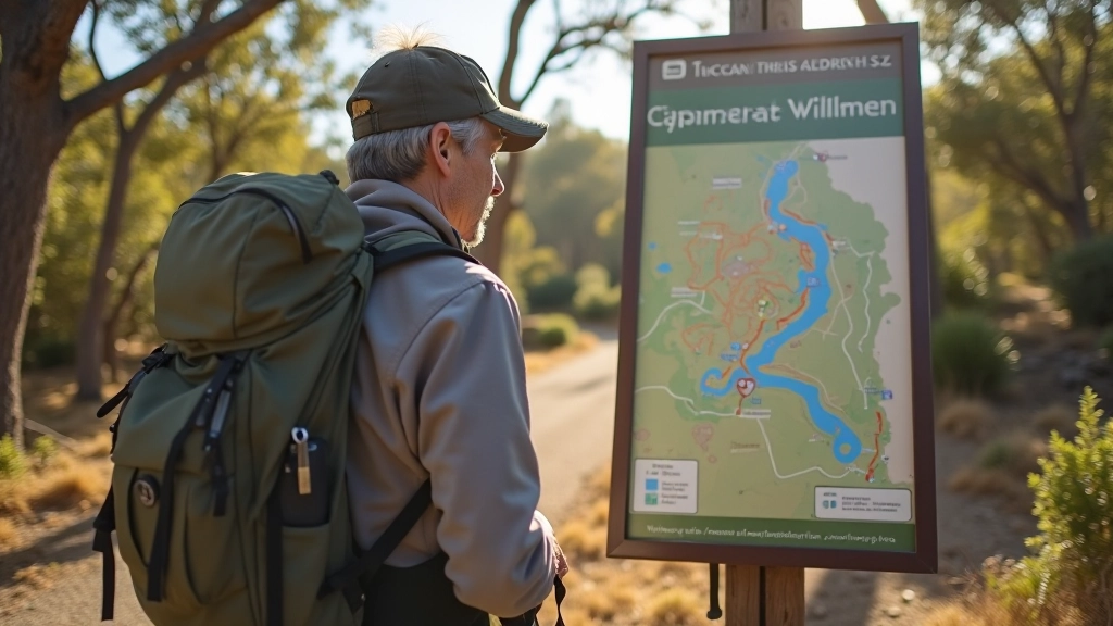 Persona observando un mapa turístico en un cartel informativo de senderos, rodeada de árboles y naturaleza, durante una caminata