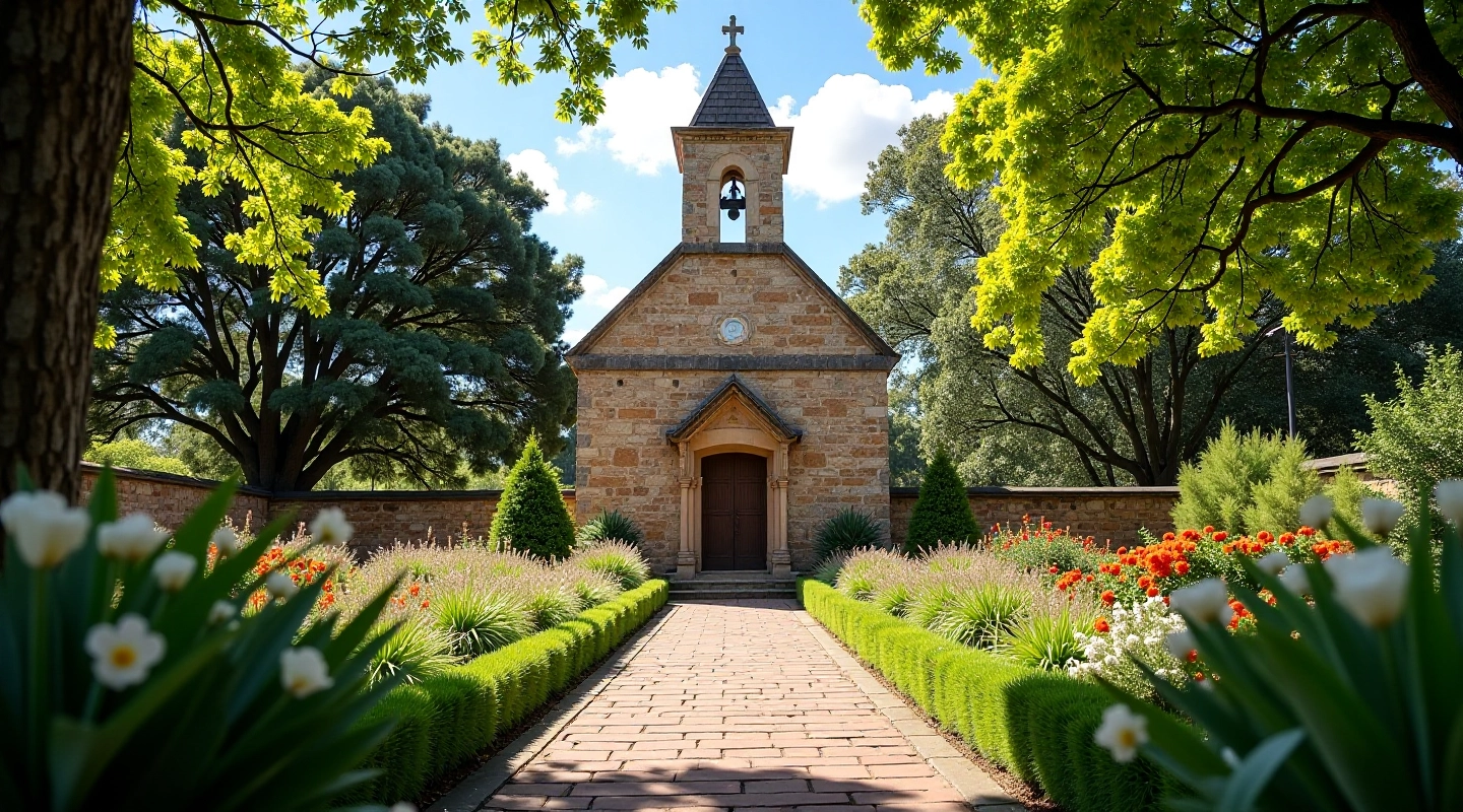 Fachada de una capilla histórica de piedra con detalles arquitectónicos galeses, rodeada de árboles y vegetación