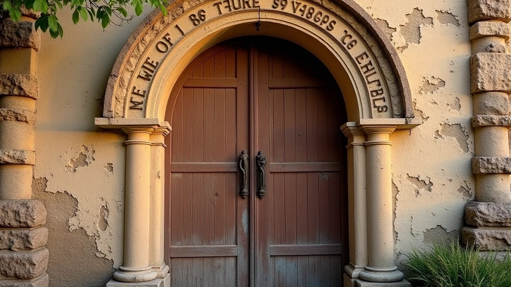 Entrada histórica de una capilla con puerta de madera envejecida y inscripciones en galés grabadas en piedra
