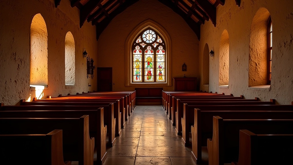 Interior de una capilla con bancos de madera, luz de vitrales proyectándose en las paredes, atmósfera de reverencia y tradición
