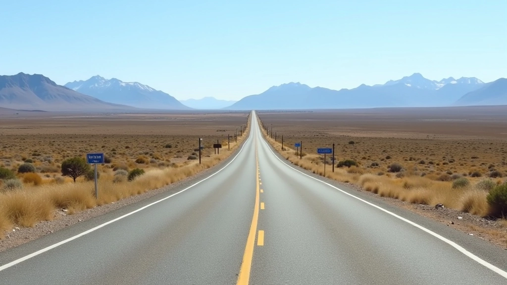 Carretera pavimentada hacia Gaiman con paisaje de estepa patagónica, señales de tránsito claras, cielo azul y montañas en el horizonte