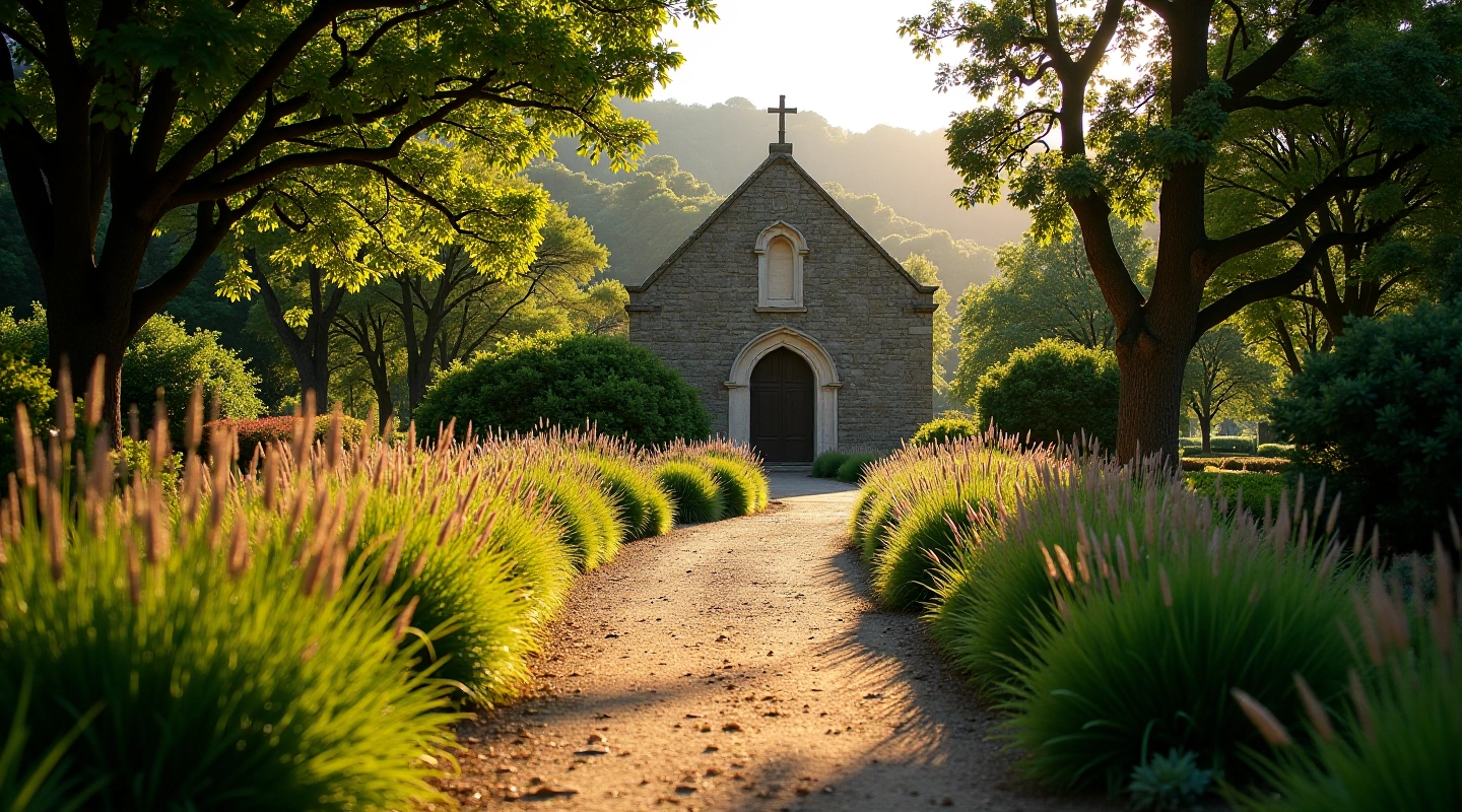 Sendero botánico con capilla galesa de fondo en Gaiman