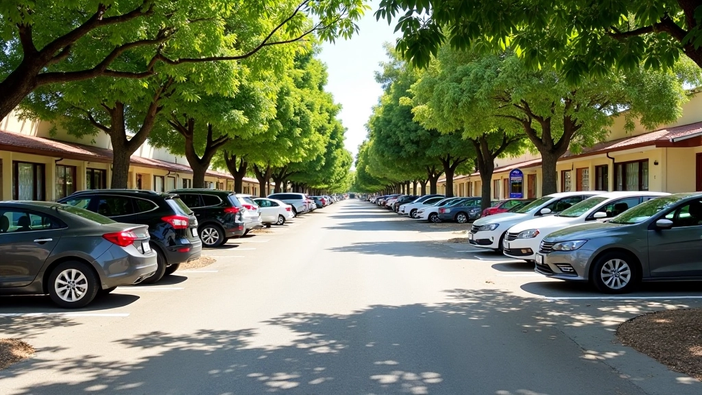 Pequeño aparcamiento de pueblo con vehículos estacionados, árboles alrededor, señalización clara, área tranquila y accesible