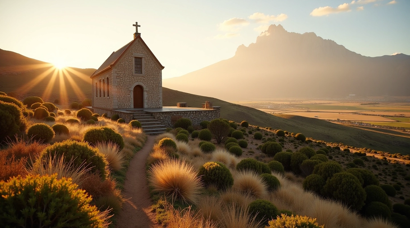 Vista panorámica de capillas históricas galesas rodeadas de vegetación en Gaiman, Chubut, durante el atardecer dorado