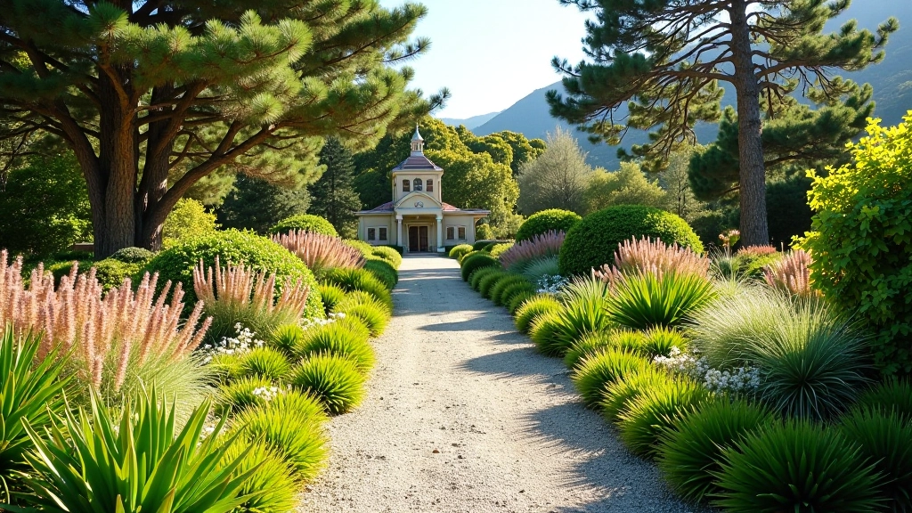 Jardín botánico con plantas nativas organizadas, sendero de grava y árboles maduros al fondo
